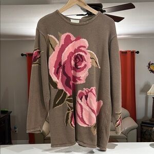 BELLE ISLE Floral Knit Sweater with Pink Roses Women’s Size 1X